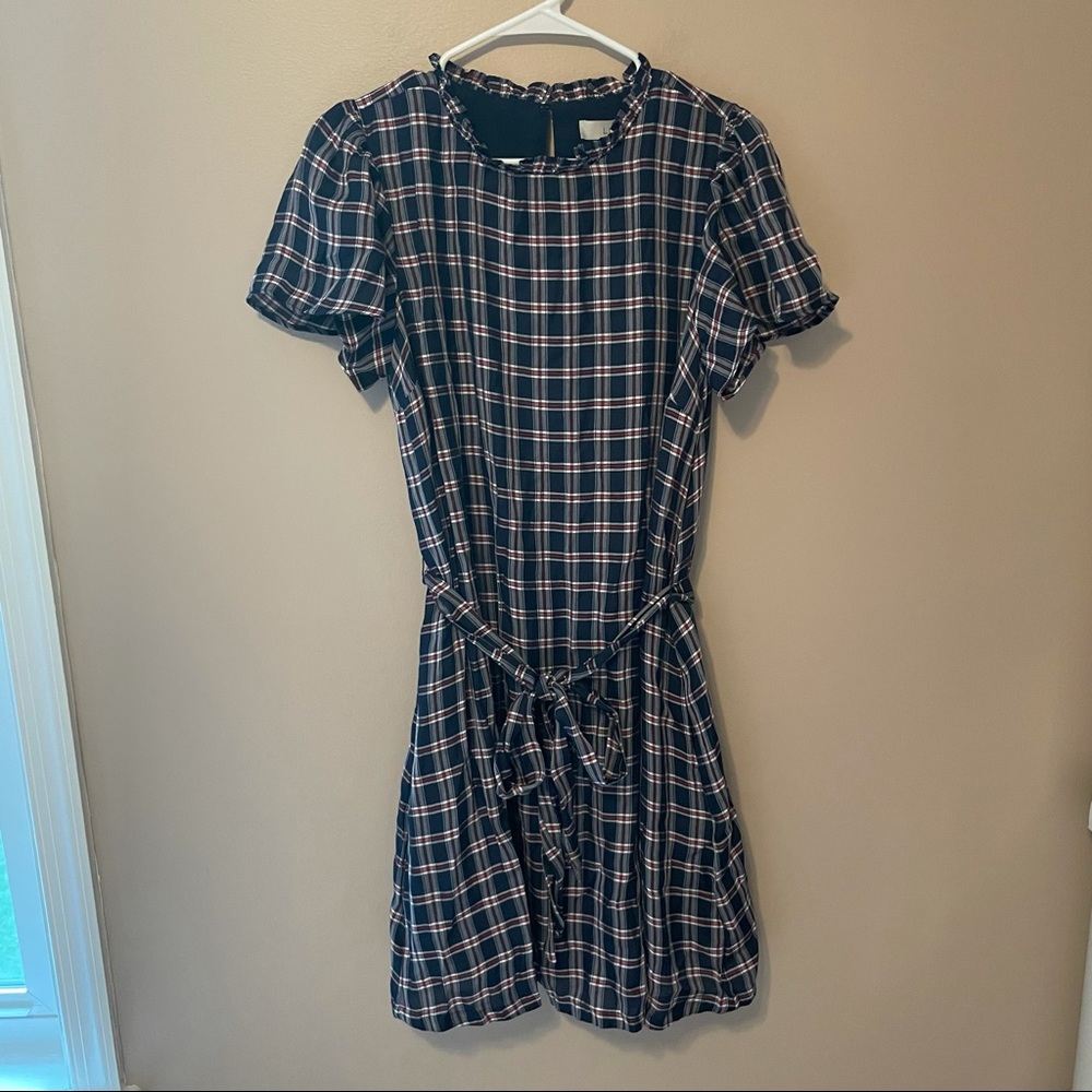 Loft Navy, Red and White Plaid Ruffle Mini Dress